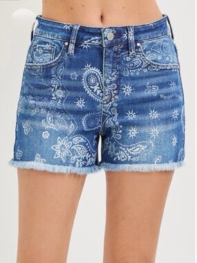 High-Rise Paisley Print Denim Shorts - Blue